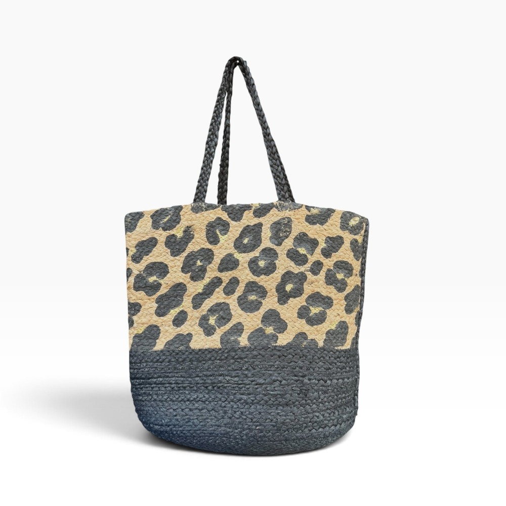 Shiraleah Chicago Leopard Print Jute Tote Bag Black Tan Woven Beach Shoulder Bag